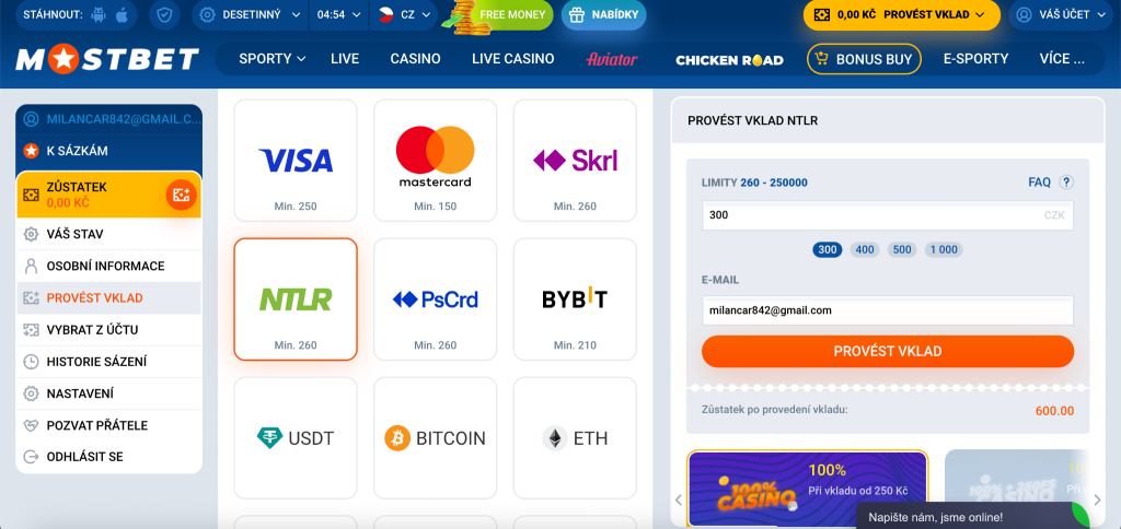 Registrace účtu v Mostbet